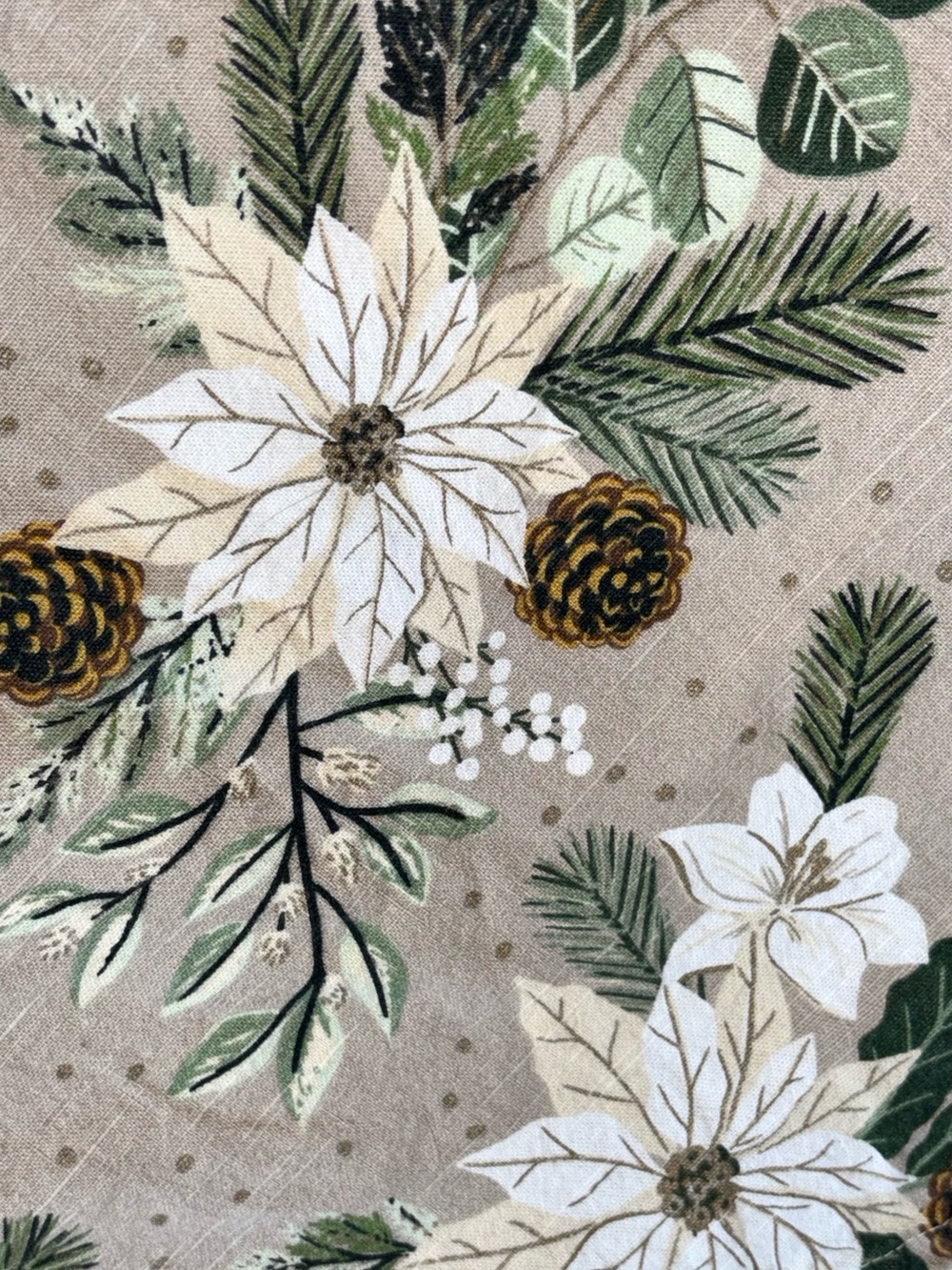 Christmas Tablecloth Rachel Ashwell White Poinsettia Pine Cone Cotton 60” Round